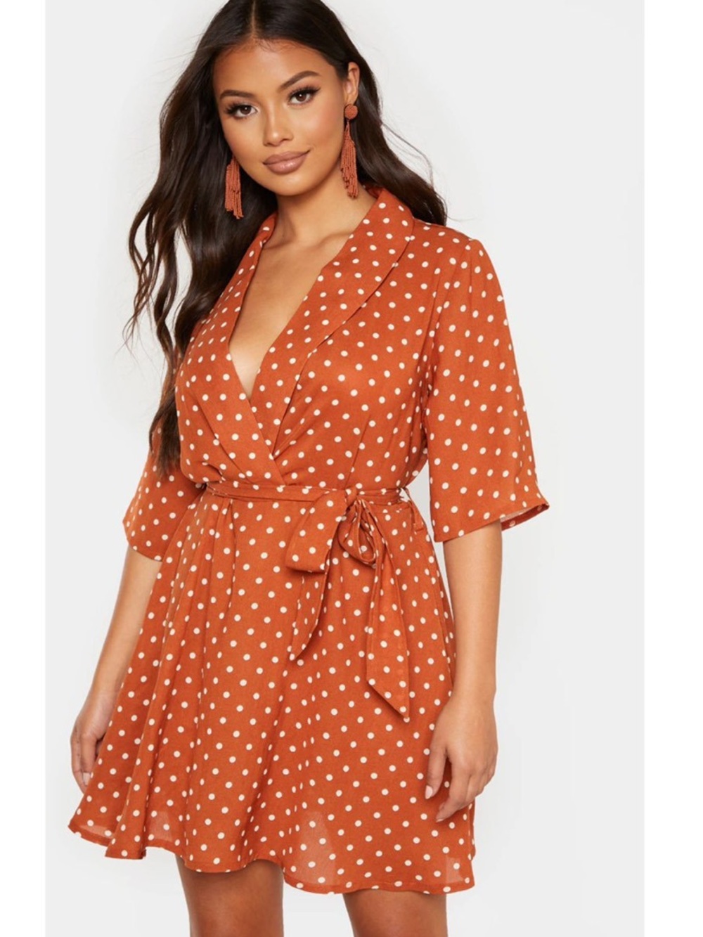 PrettyLittleThing Rust Polka Dot Wrap Mini Dress